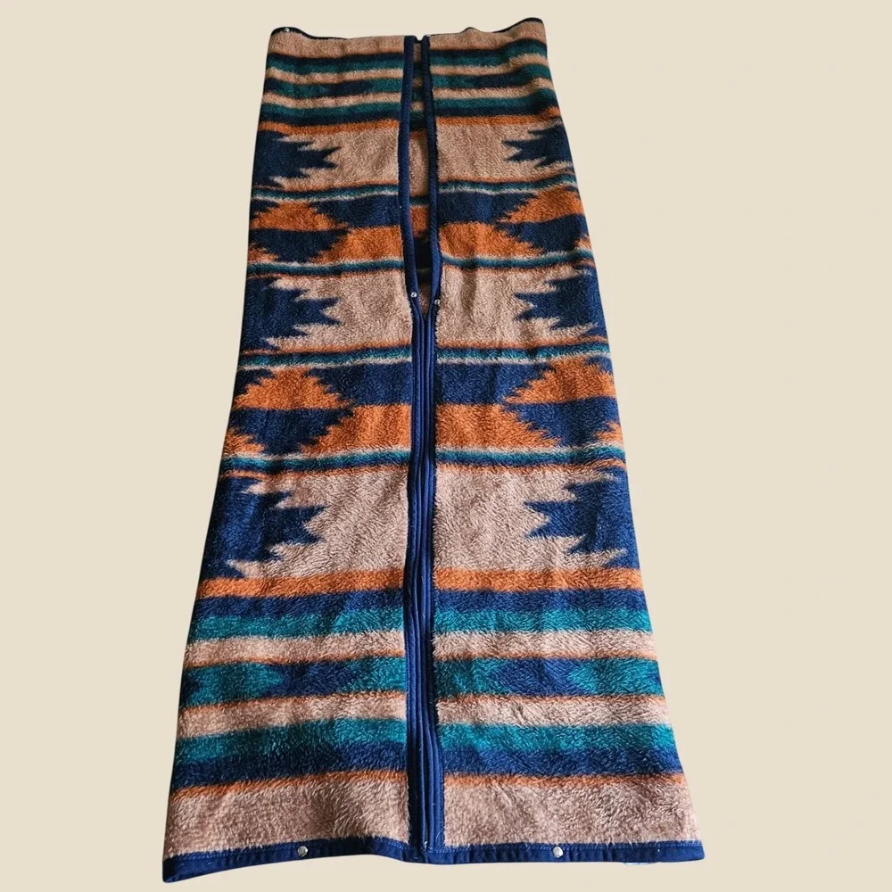 Vintage Biederlack Wearable Blanket Zipper Snap Southwestern Aztec Blue Orange